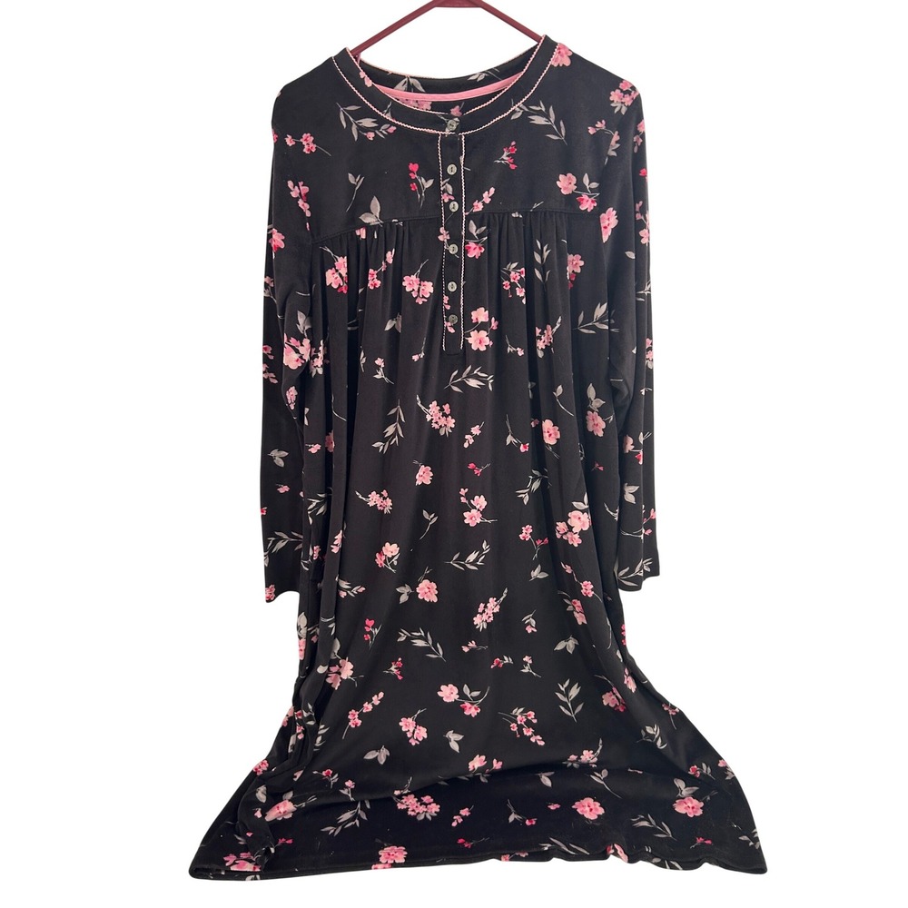 Aria Collection Nightgown XL Black Pink Floral Long Sleeve Sleep Dress Womens